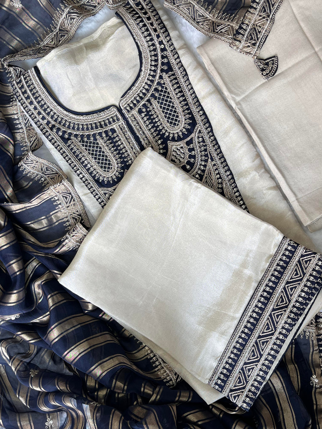 Midnight Bloom Tissue Silk Unstitched  Suit