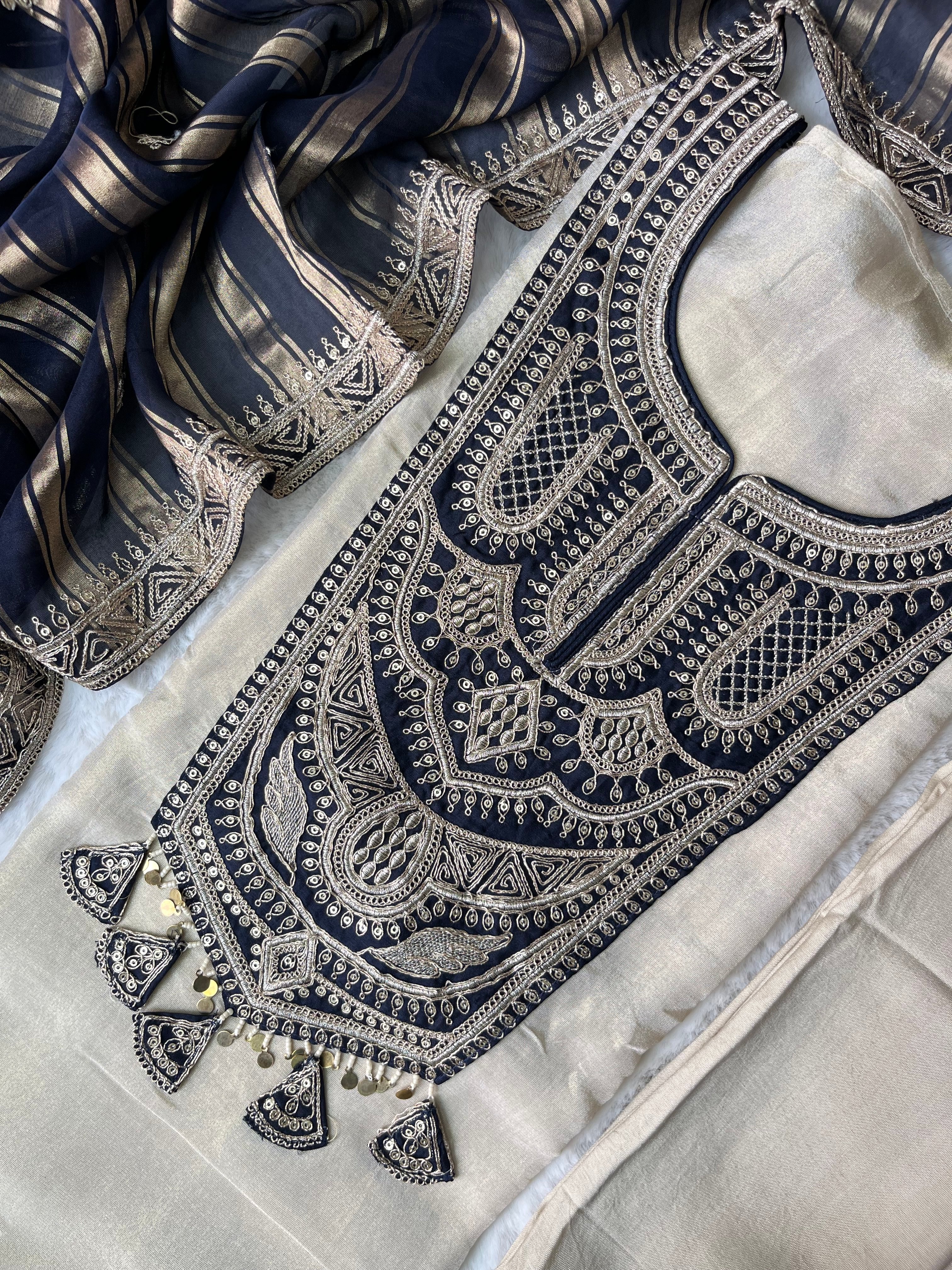 Midnight Bloom Tissue Silk Unstitched  Suit