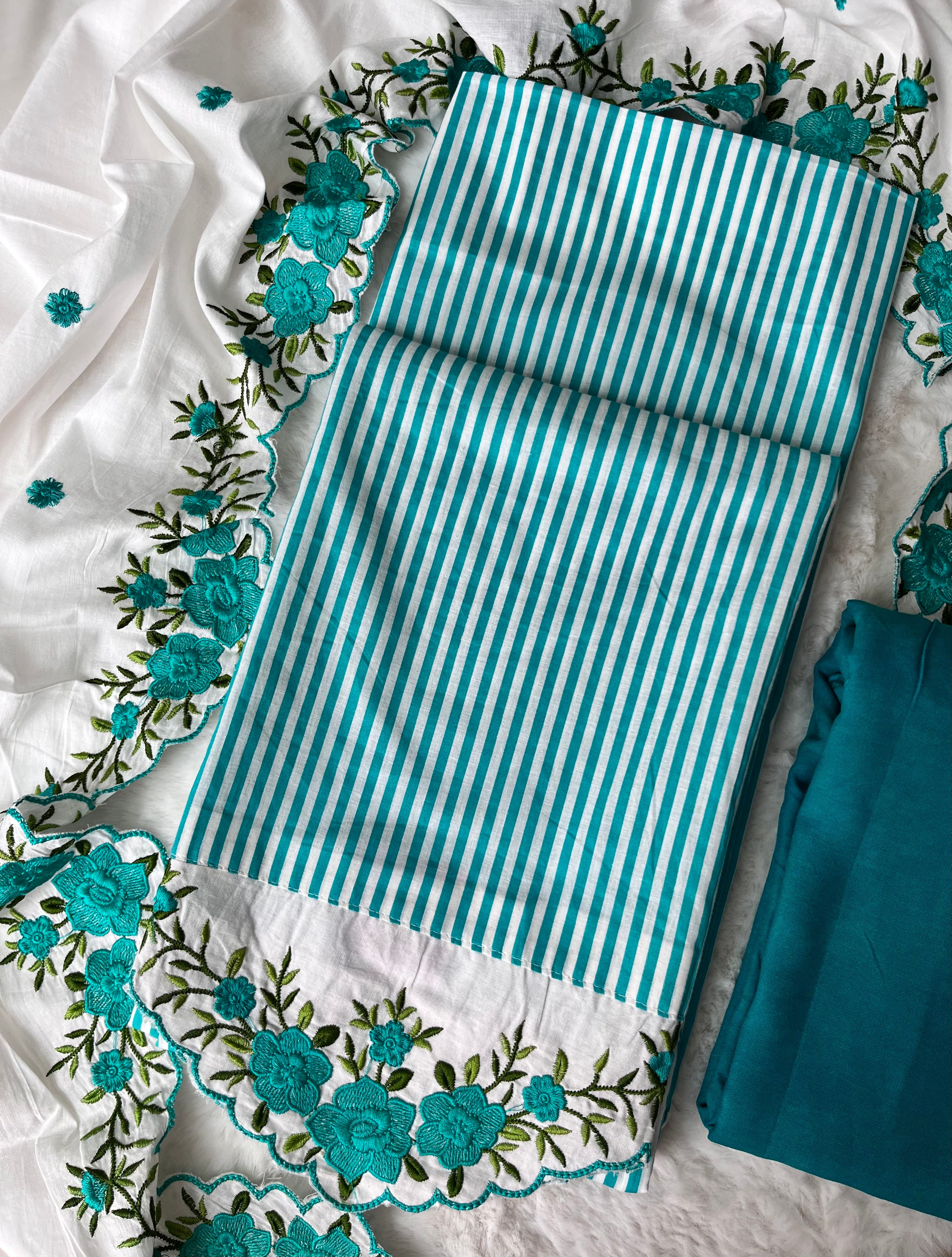 Teal Blue Classic Stripes Cotton Unstitched Suit