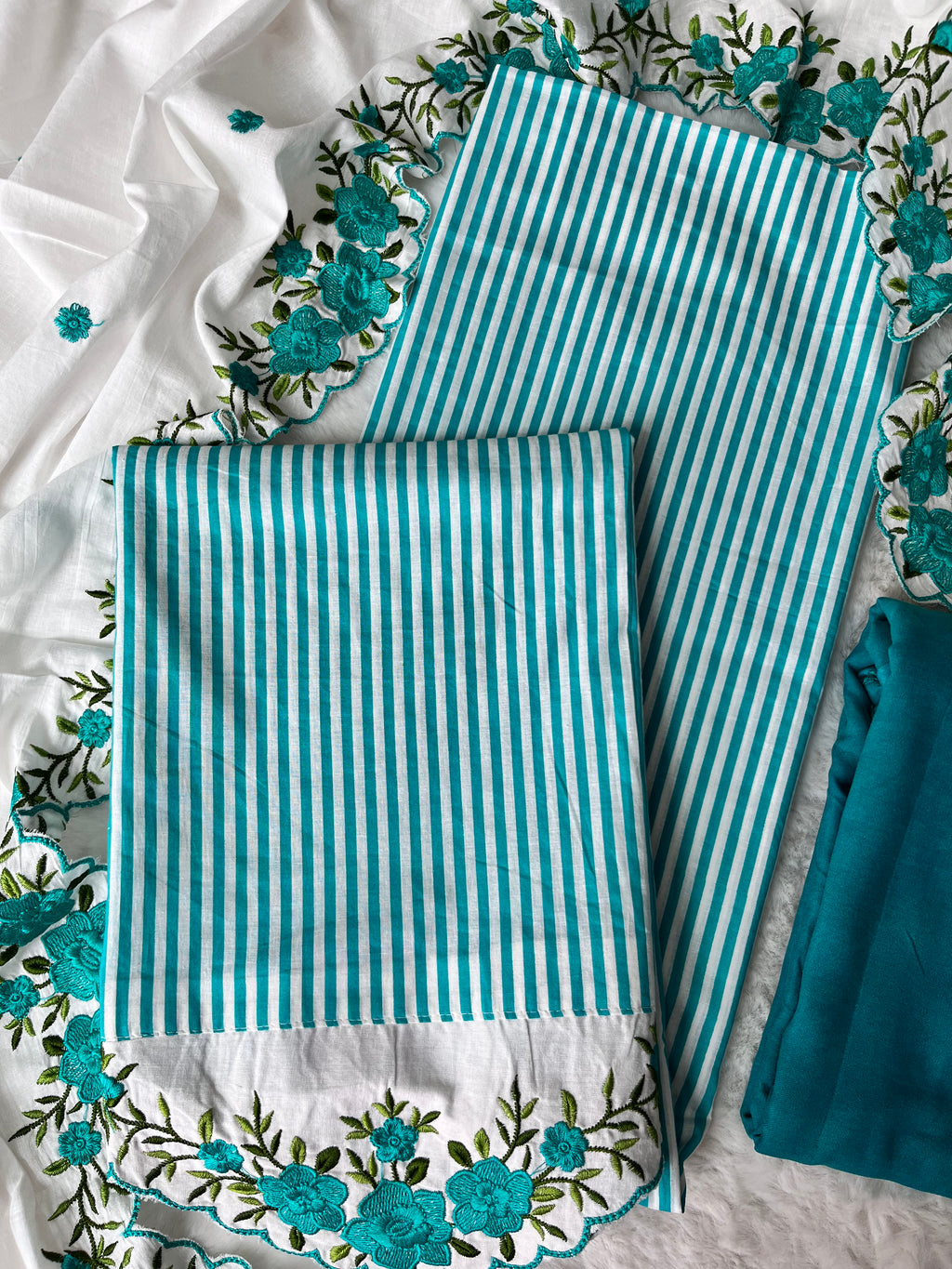 Teal Blue Classic Stripes Cotton Unstitched Suit