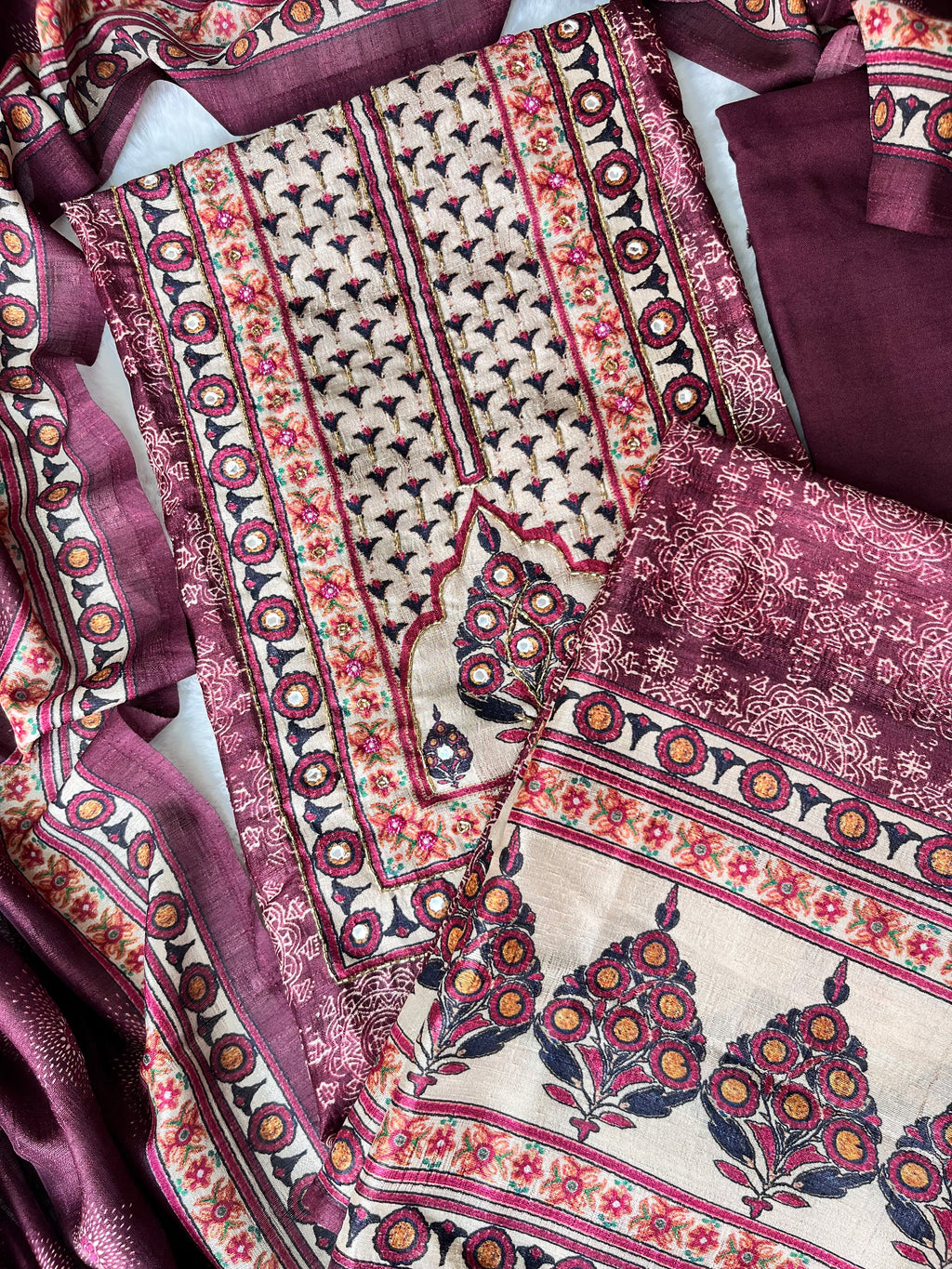 Royal Plum Chanderi Unstitched Suit
