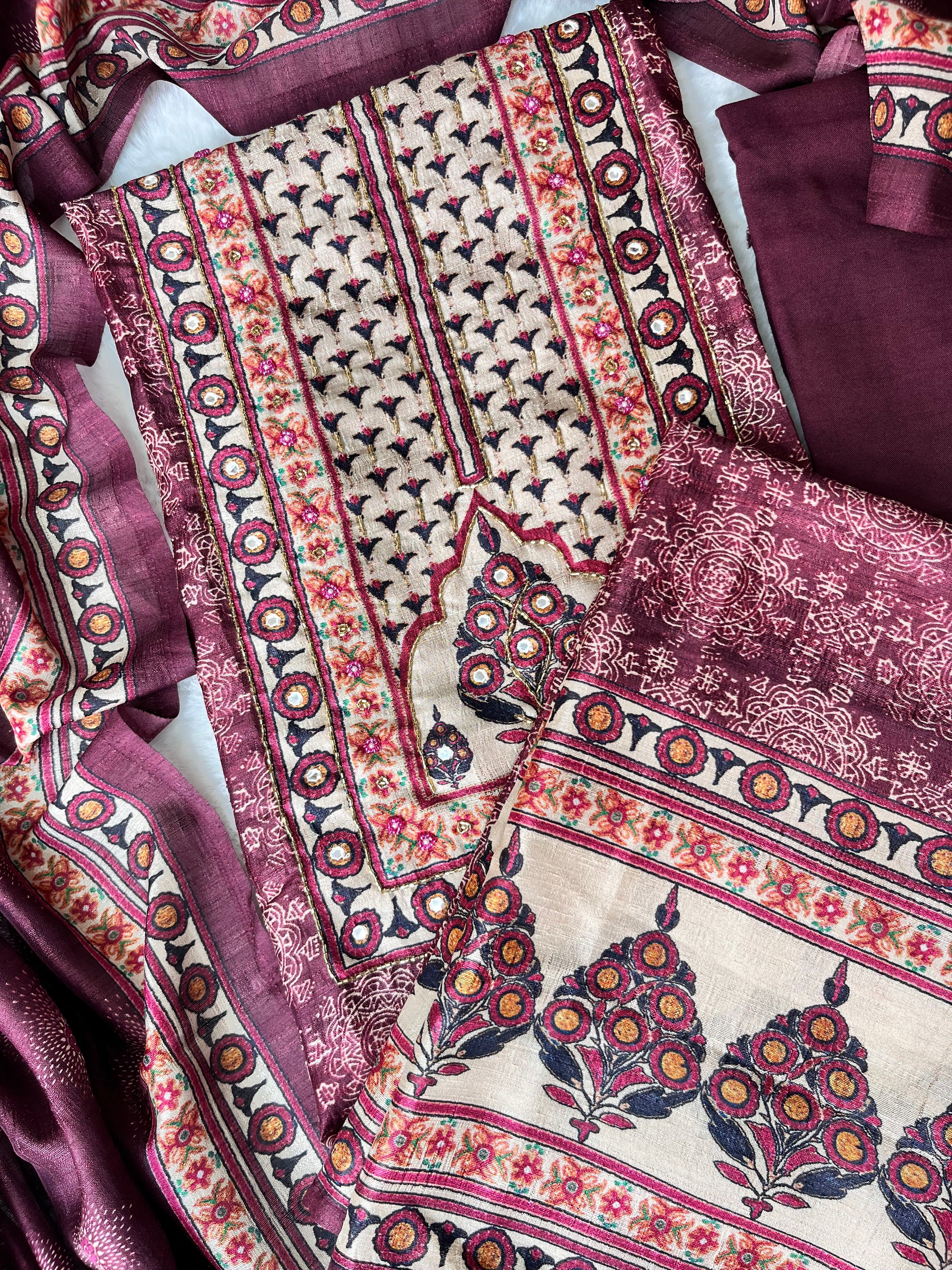 Royal Plum Chanderi Unstitched Suit